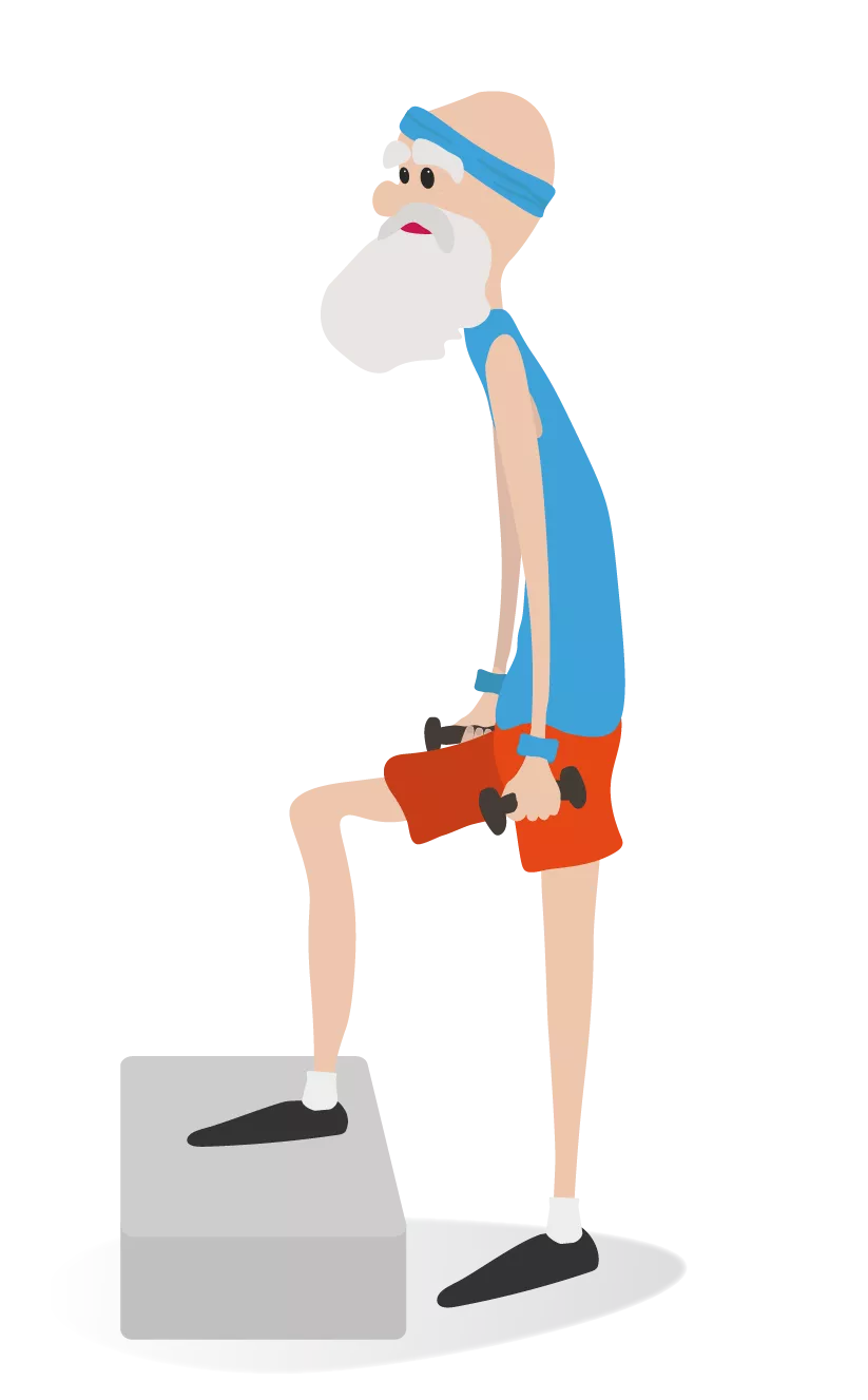 Äldre man iklädd träningskläder med hantlar i varsin hand lyfter upp ena foten på en steppbräda. Illustration. 